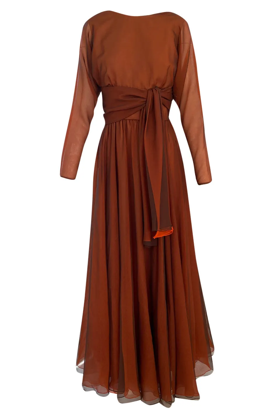 1960s Geoffrey Beene Chocolate Chiffon Over an Orange Inlay Backless Maxi Dress