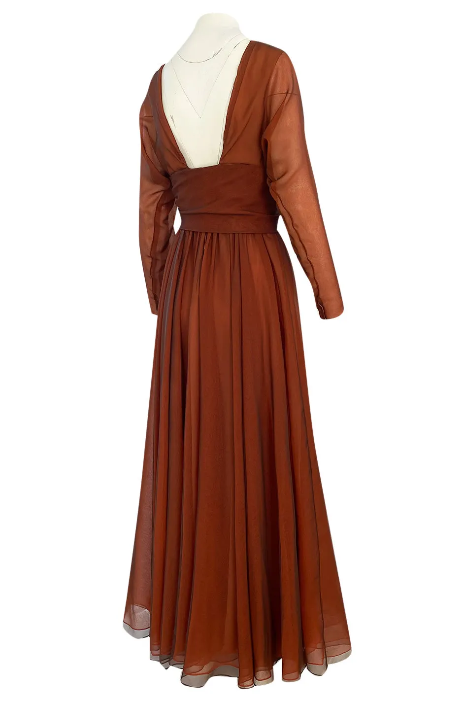 1960s Geoffrey Beene Chocolate Chiffon Over an Orange Inlay Backless Maxi Dress