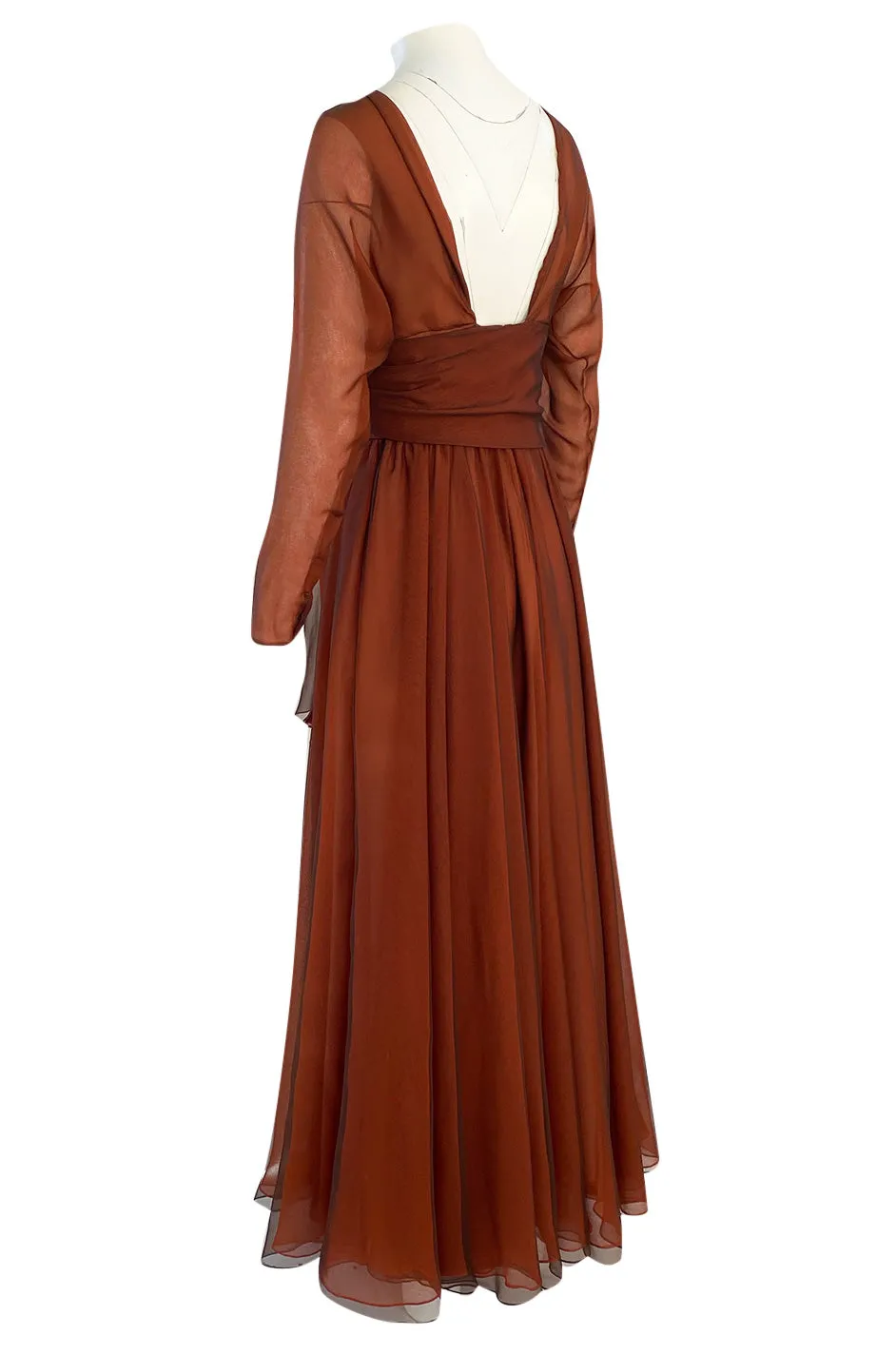 1960s Geoffrey Beene Chocolate Chiffon Over an Orange Inlay Backless Maxi Dress