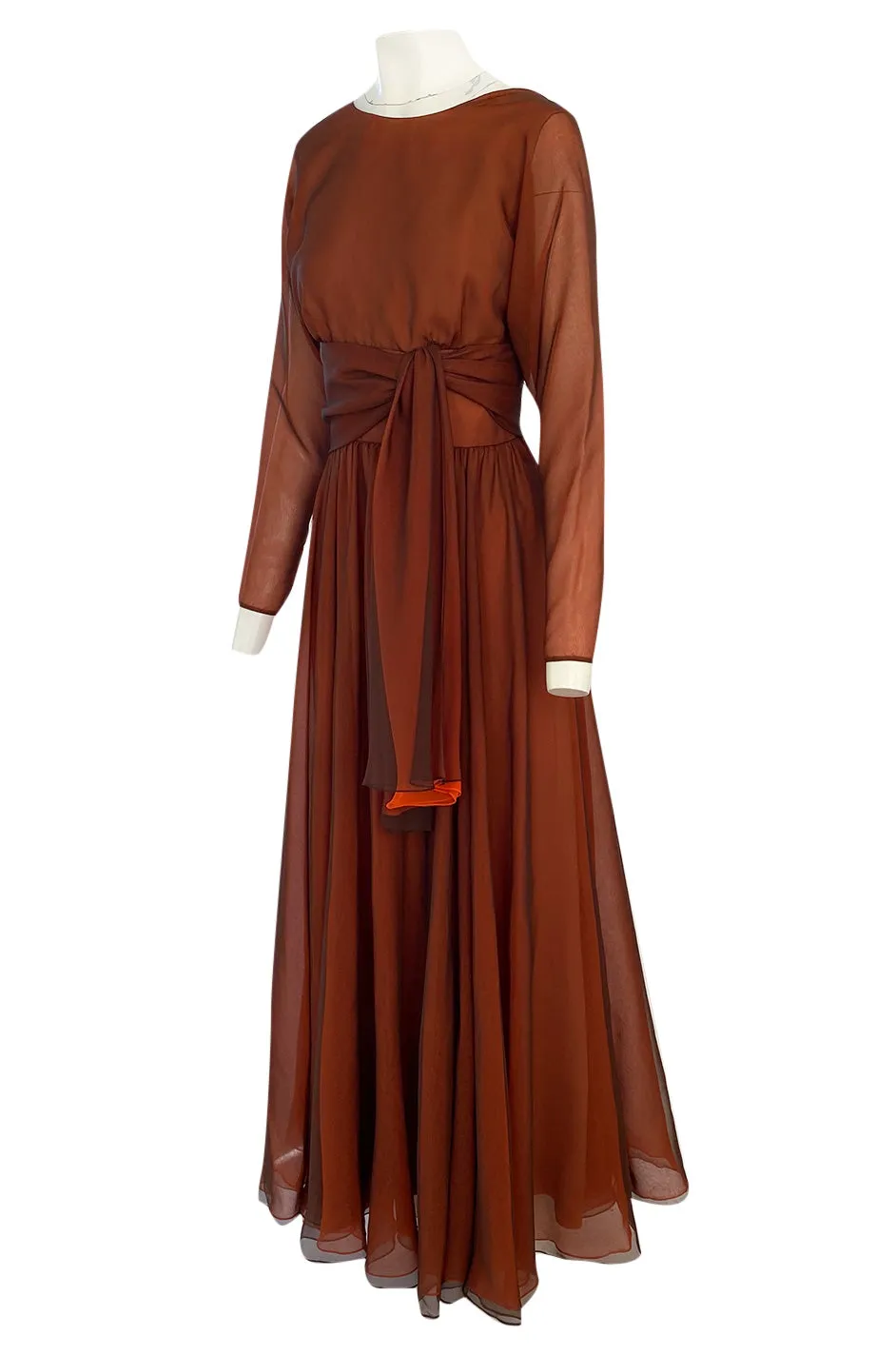 1960s Geoffrey Beene Chocolate Chiffon Over an Orange Inlay Backless Maxi Dress