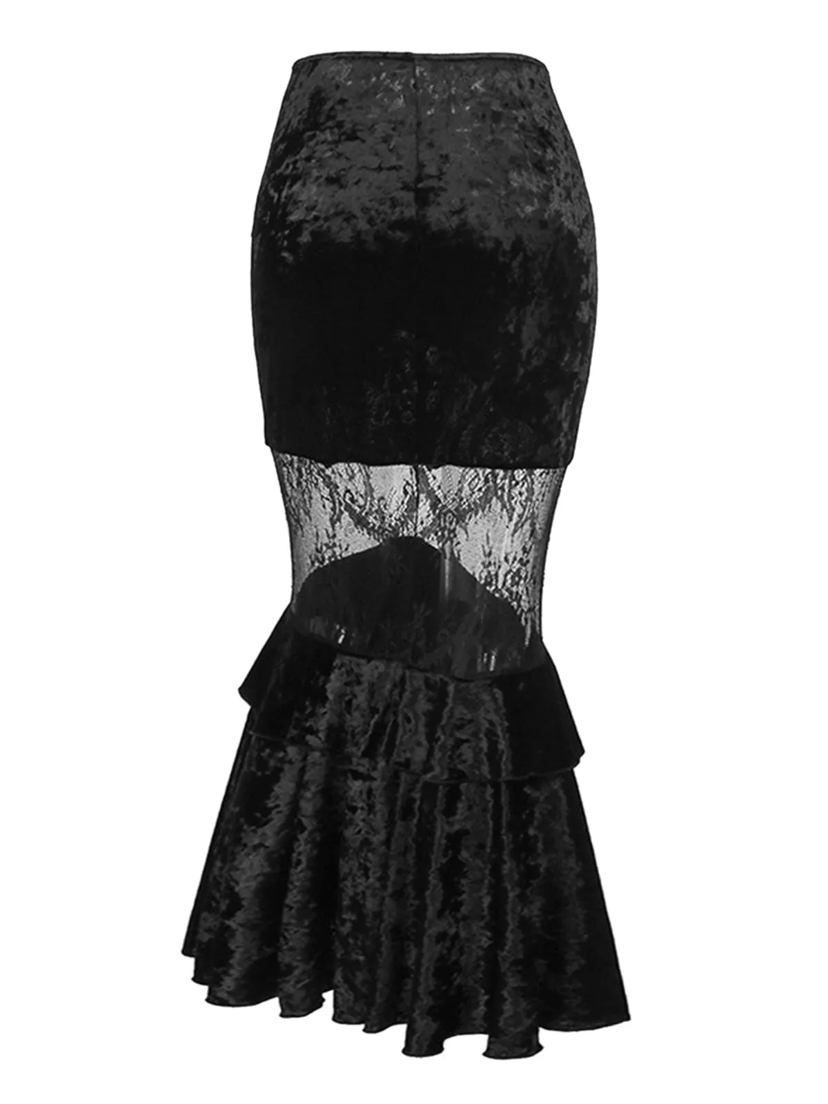 1970s Gothic Velvet Lace Tiered Mermaid Skirt