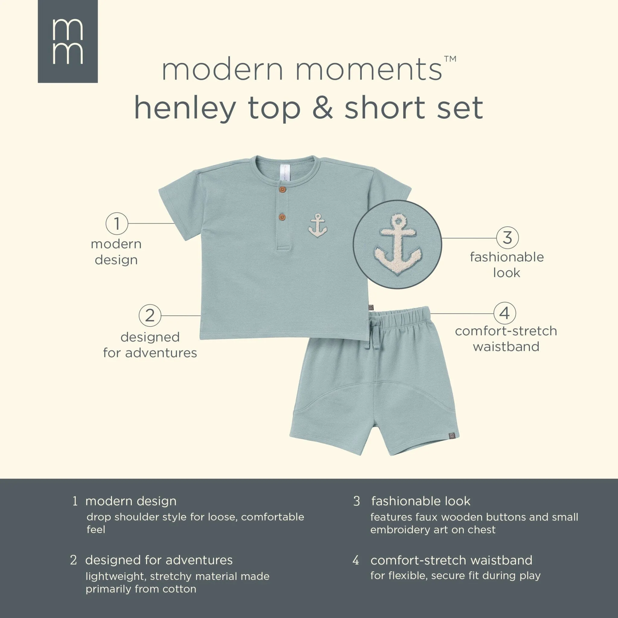 2-Piece Toddler Boys Medium Teal Henley Shirt and Shorts Set