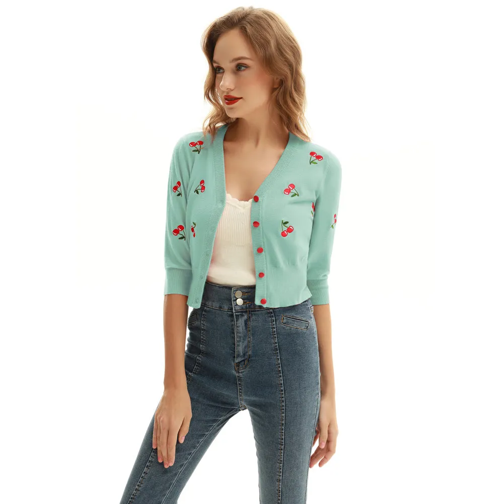 3/4 Sleeve V-Neck Button Down Cherries Embroidery Cropped Cardigan Sweater Coat