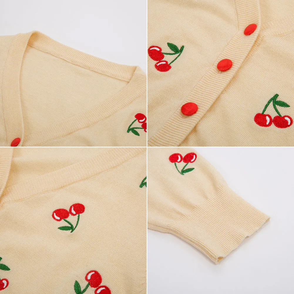 3/4 Sleeve V-Neck Button Down Cherries Embroidery Cropped Cardigan Sweater Coat