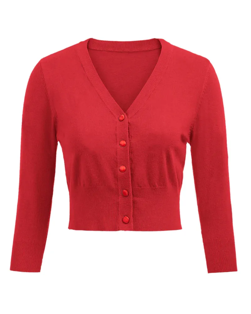 3/4 Sleeve V-Neck Button Down Cherries Embroidery Cropped Cardigan Sweater Coat