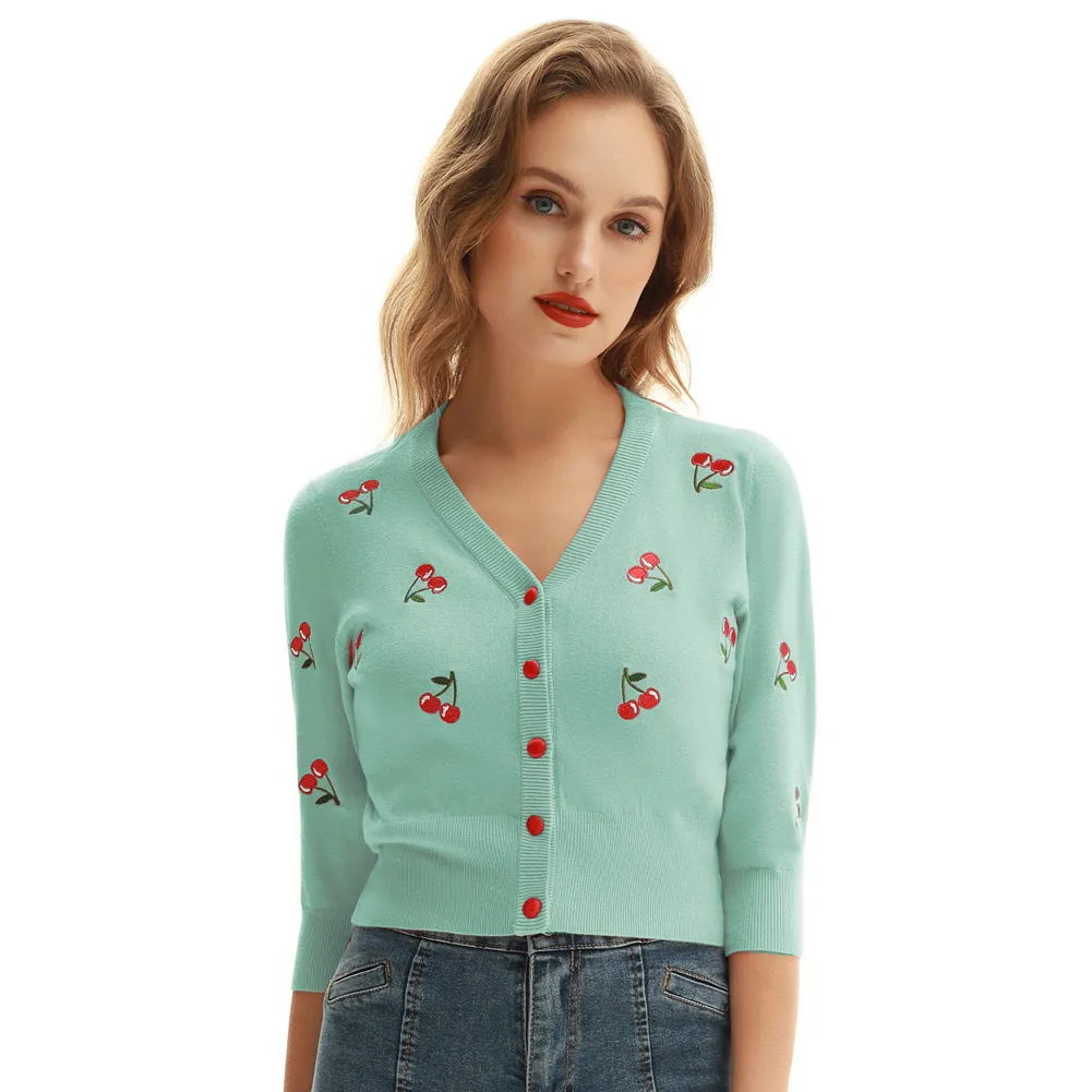 3/4 Sleeve V-Neck Button Down Cherries Embroidery Cropped Cardigan Sweater Coat