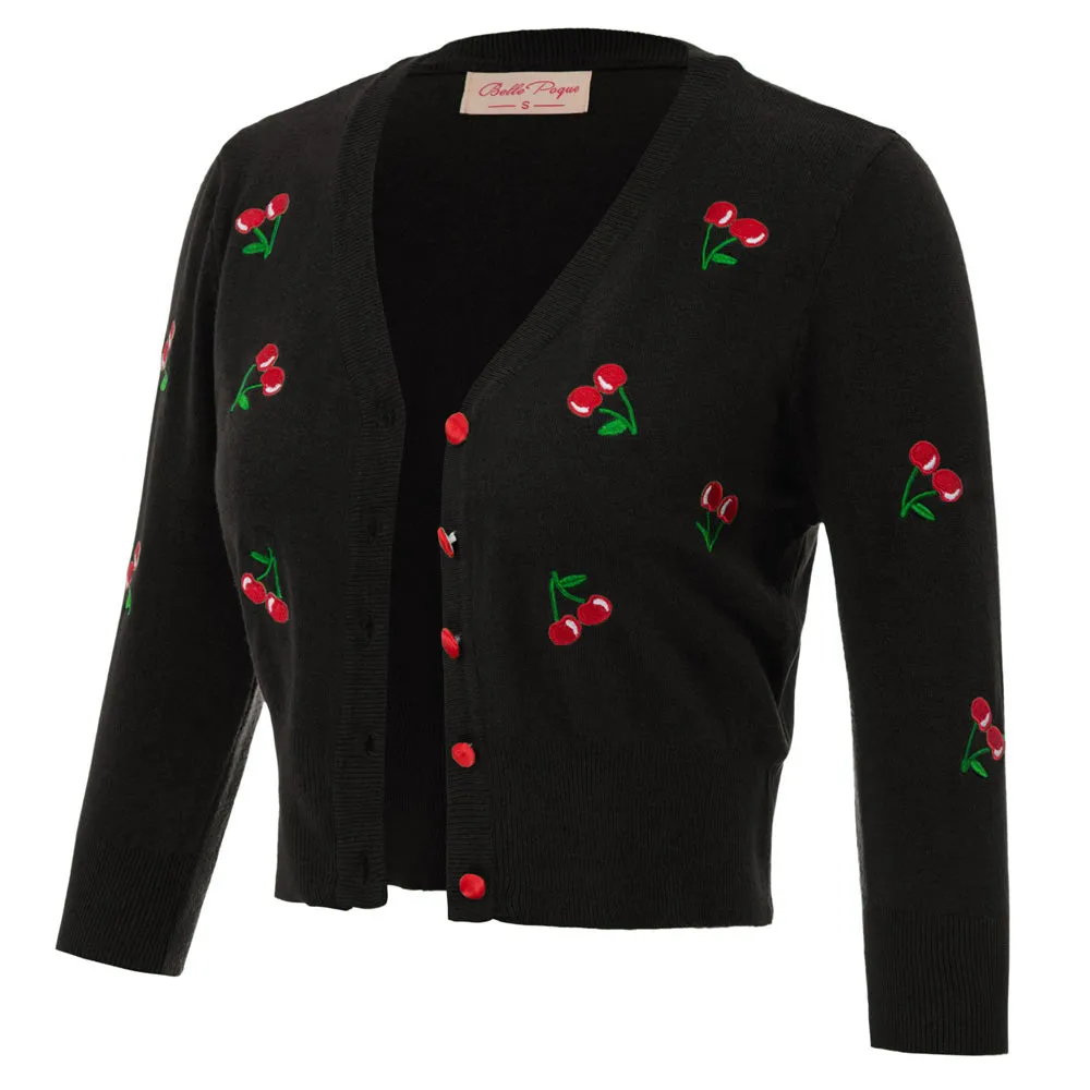 3/4 Sleeve V-Neck Button Down Cherries Embroidery Cropped Cardigan Sweater Coat