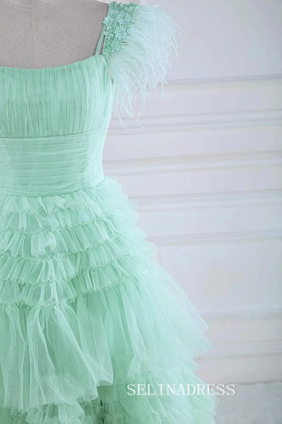 A-line Mint Green Layers Long Prom Dress with Feather lps028