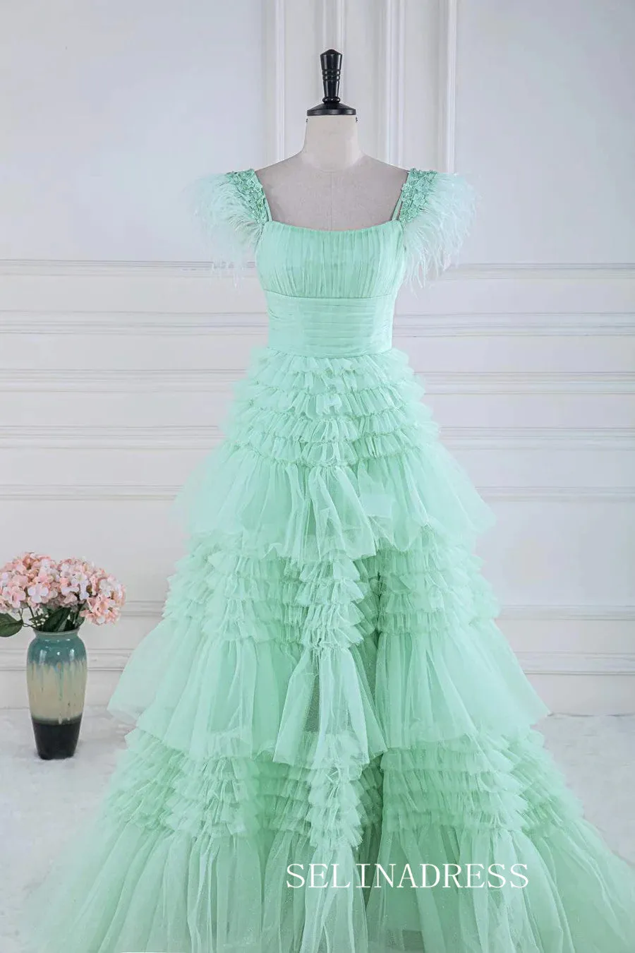 A-line Mint Green Layers Long Prom Dress with Feather lps028