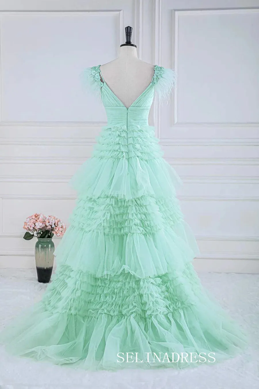 A-line Mint Green Layers Long Prom Dress with Feather lps028