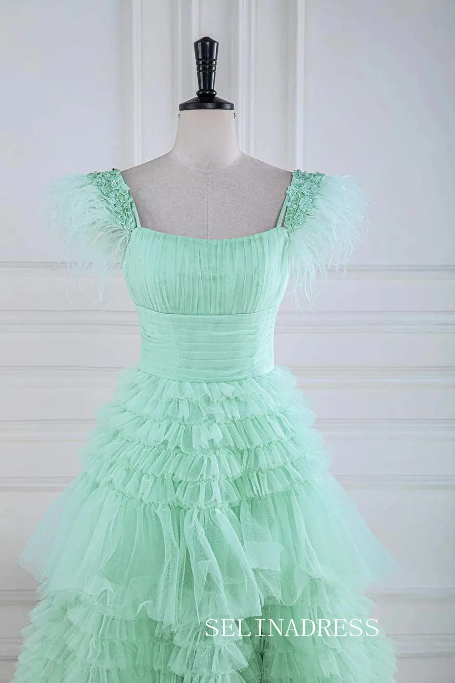 A-line Mint Green Layers Long Prom Dress with Feather lps028