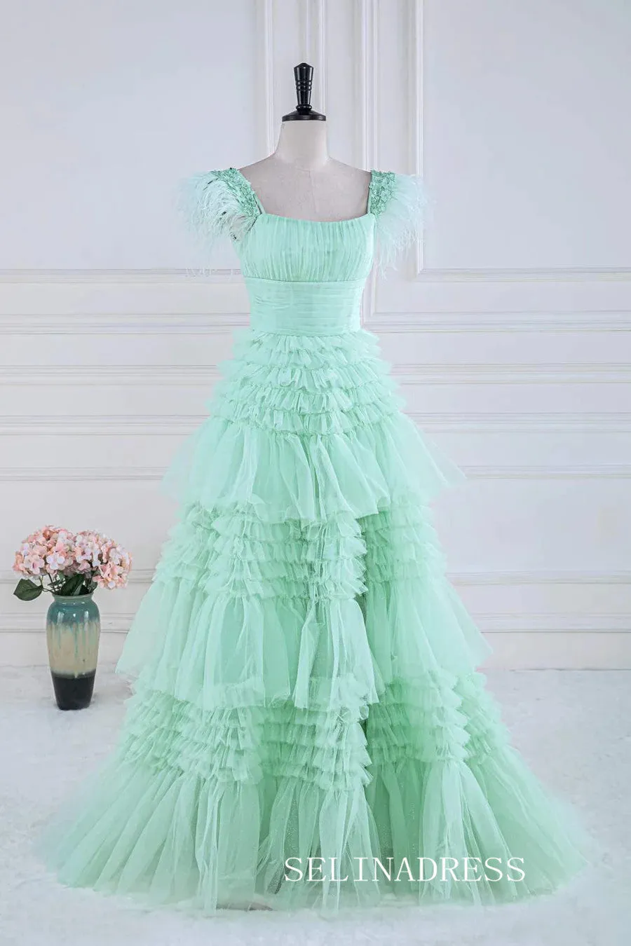 A-line Mint Green Layers Long Prom Dress with Feather lps028