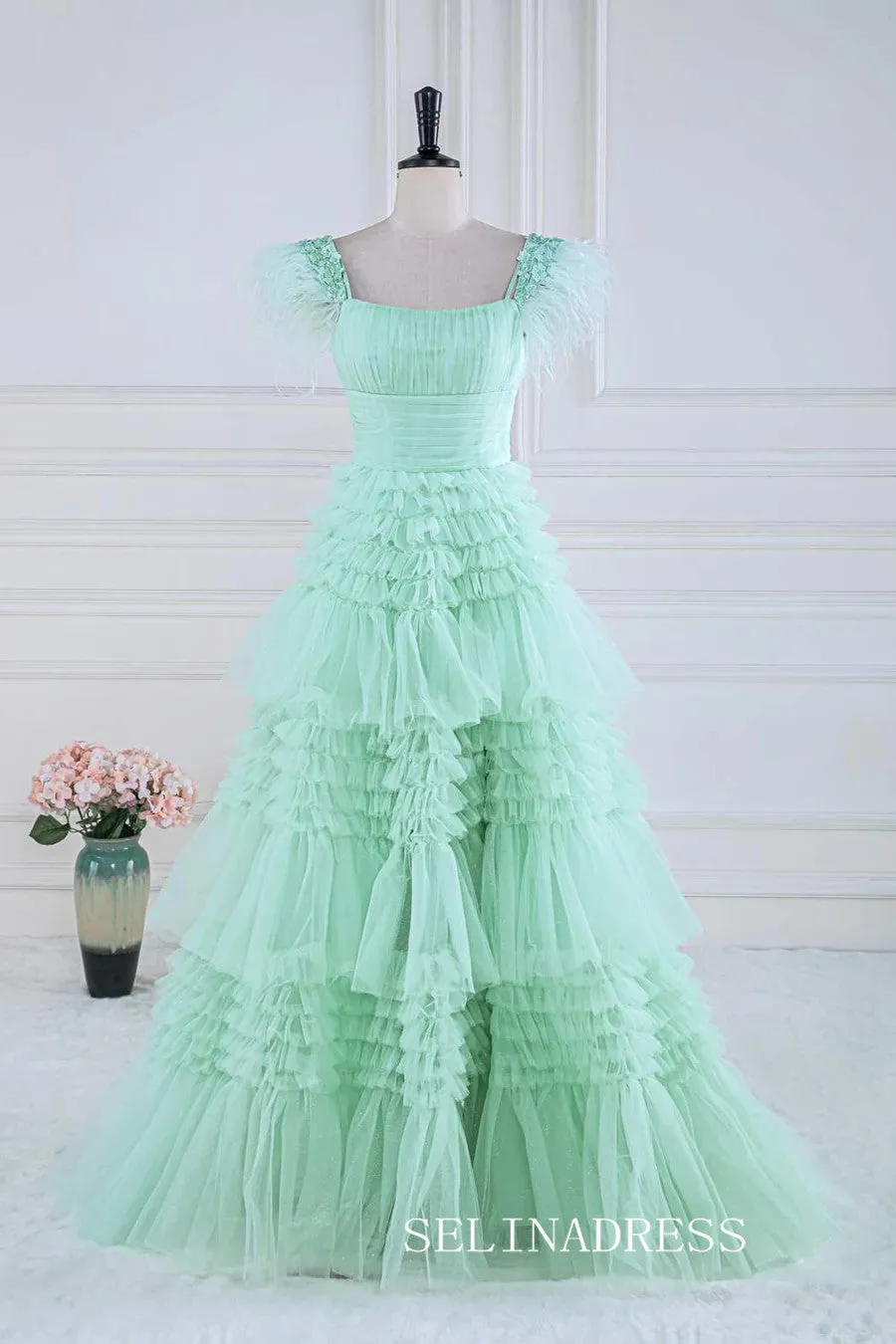 A-line Mint Green Layers Long Prom Dress with Feather lps028