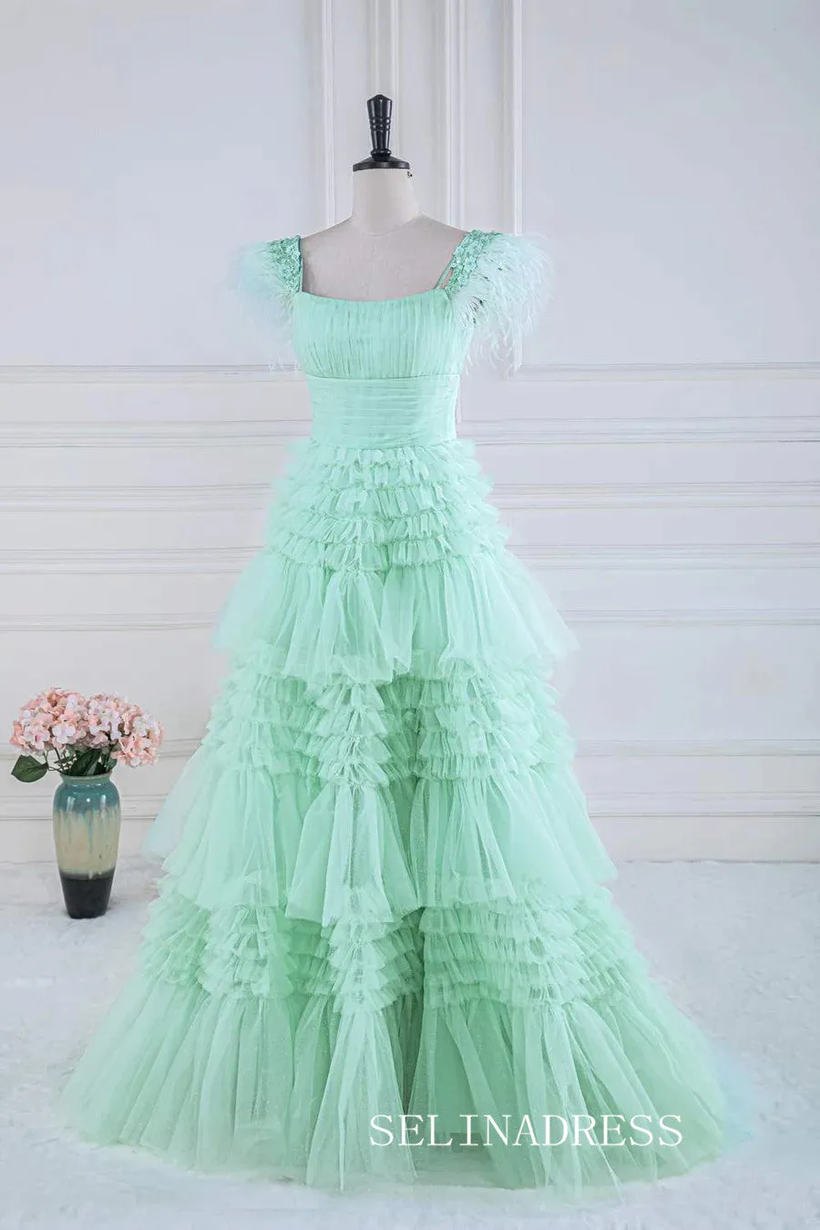 A-line Mint Green Layers Long Prom Dress with Feather lps028