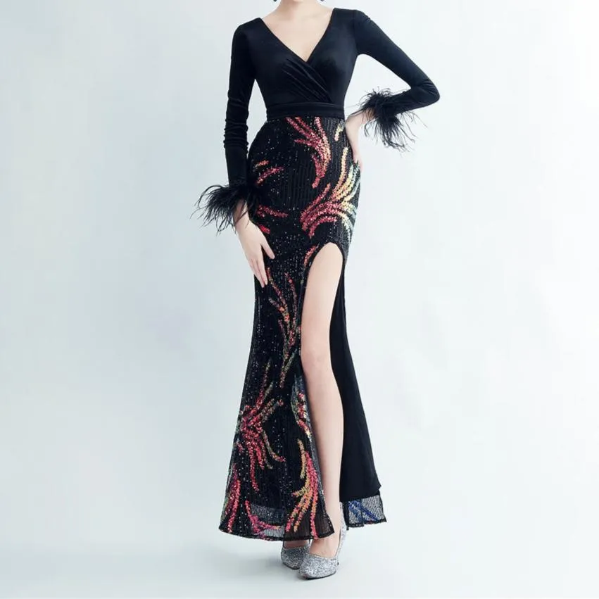 Allie Feathered Sequin Velvet Side Slit Dress