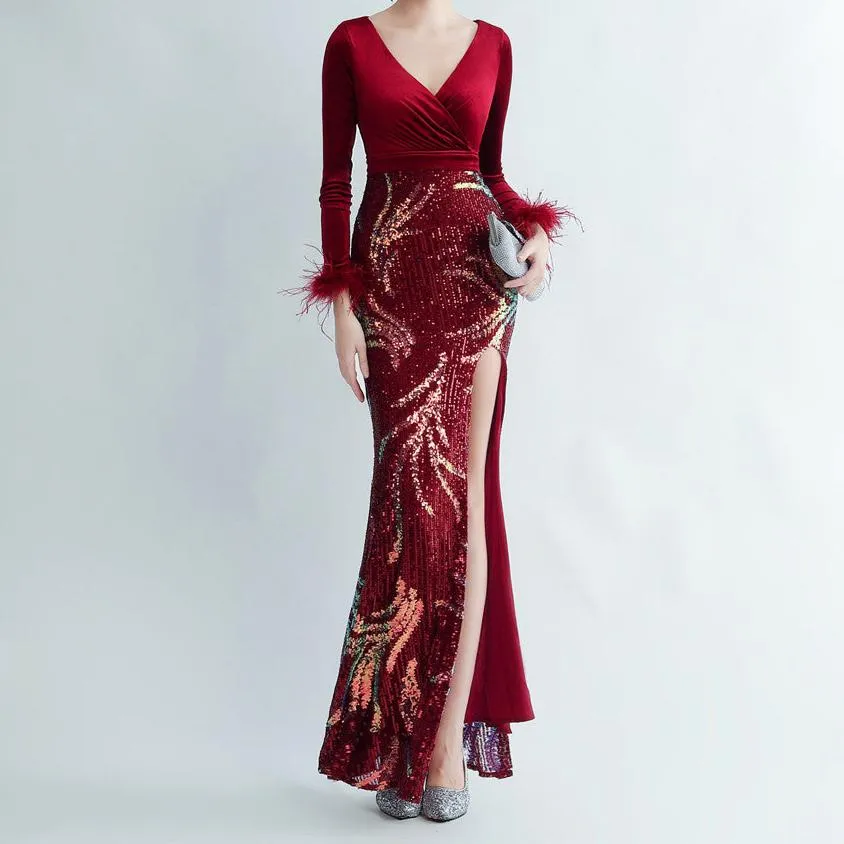 Allie Feathered Sequin Velvet Side Slit Dress