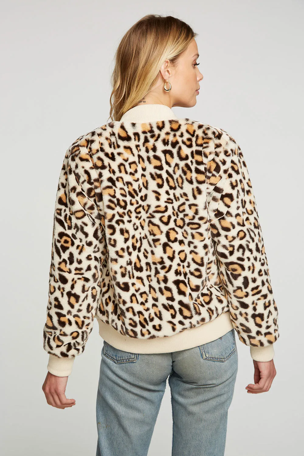 Animal Faux Fur Long Sleeve Bomber Jacket