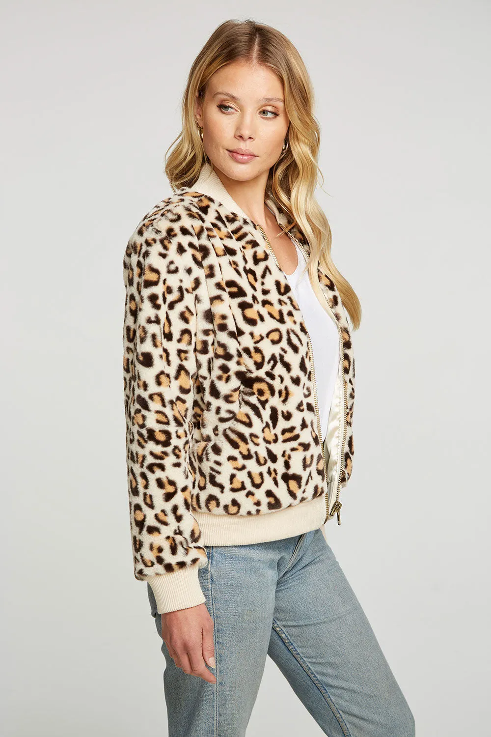 Animal Faux Fur Long Sleeve Bomber Jacket