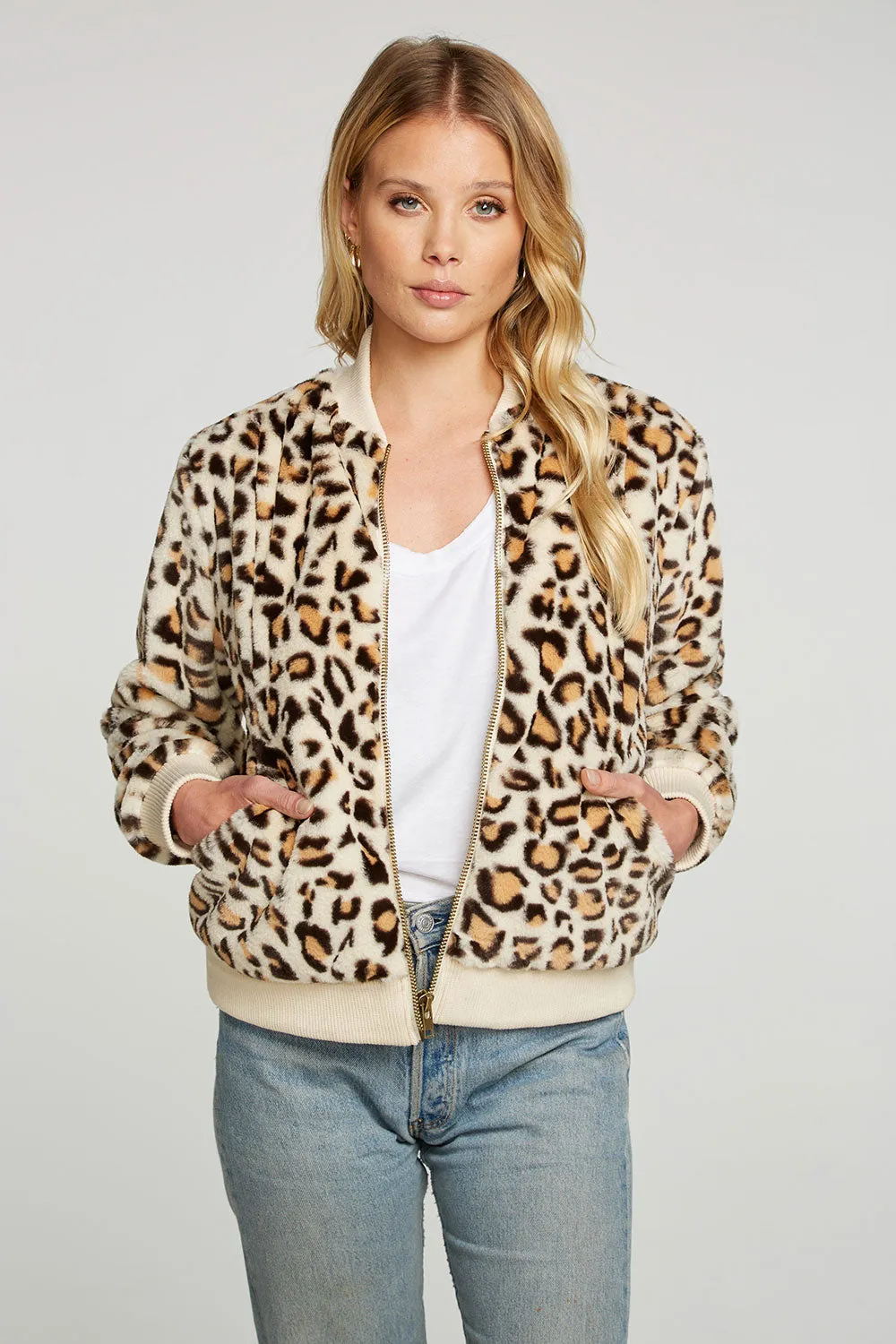 Animal Faux Fur Long Sleeve Bomber Jacket