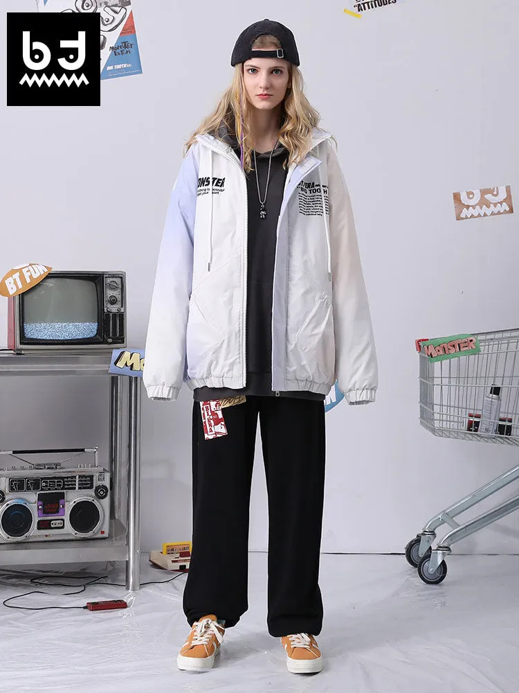 Apricot purple letter-printed drawstring stand-up collar with rotator sleeves closed sleeves padded jacket