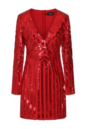 Ashanti Geometric Red Mesh & Red Sequin Long Sleeve Mini Bodycon Dress