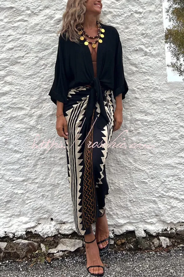 Astra Ethnic Print High Waist Ruched Wrap Maxi Skirt