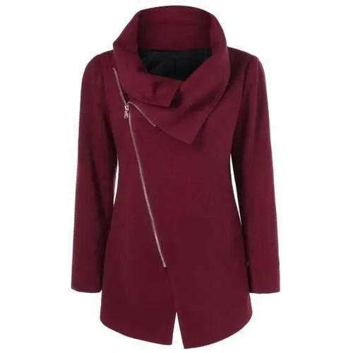 Asymmetrical Collared Zippered Coat - Dark Red L