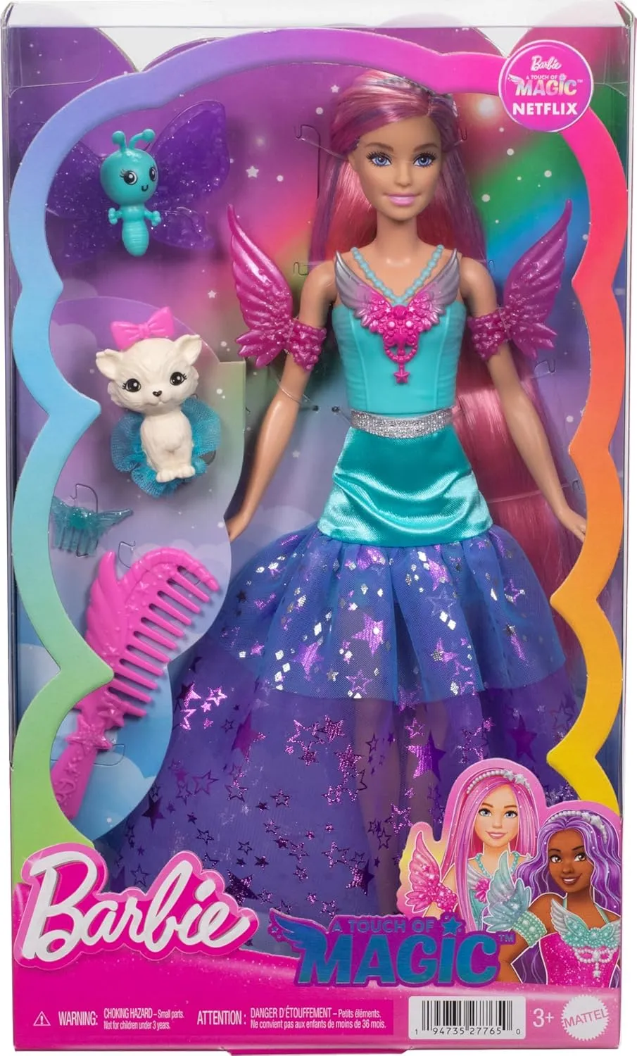 Barbie 7-inch Long Hair Malibu Doll with 2 Fantasy Pets & Dress, from A Touch of Magic for Kids Ages 3 