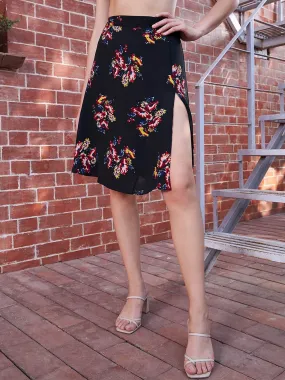 Berrylush Women Black Floral Printed High-Rise Waist Thigh-High Slit Flared A-Line Midi Skirt