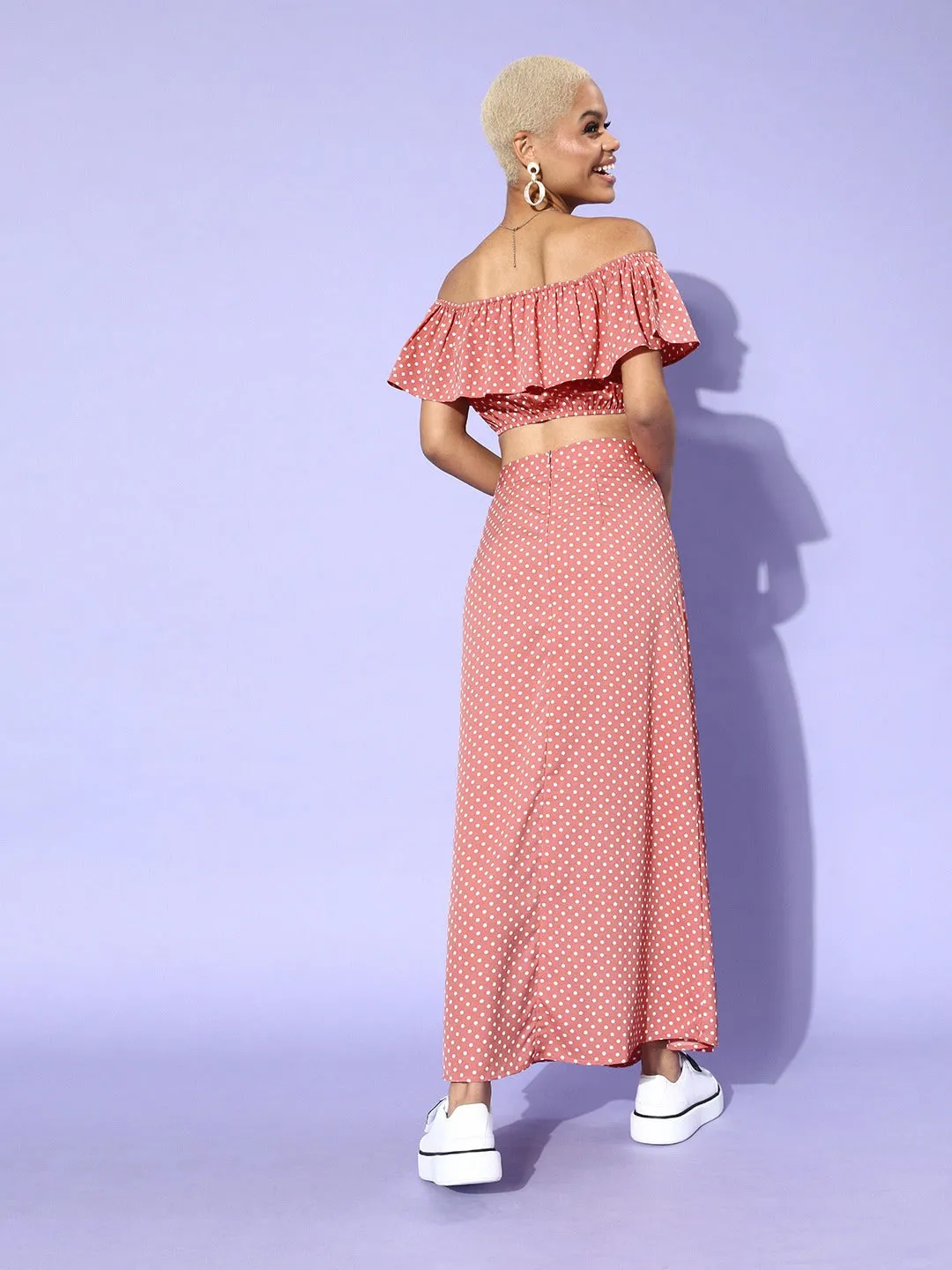 Berrylush Women Pink Polka Dot Printed Off-Shoulder Crepe Maxi Dress