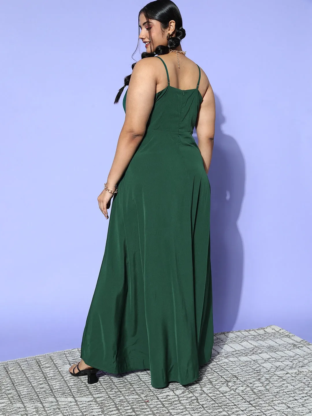 Berrylush Women Plus Size Solid Green V-Neck Sleeveless Crepe Thigh-High Slit Fit & Flare Wrap Maxi Dress