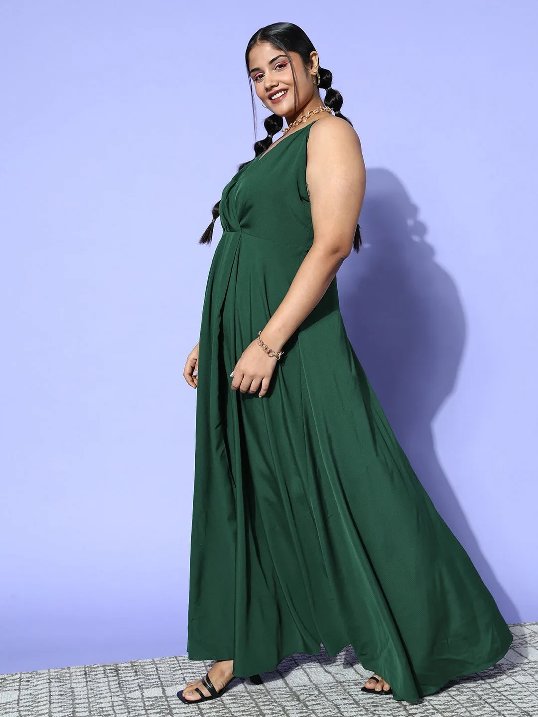 Berrylush Women Plus Size Solid Green V-Neck Sleeveless Crepe Thigh-High Slit Fit & Flare Wrap Maxi Dress