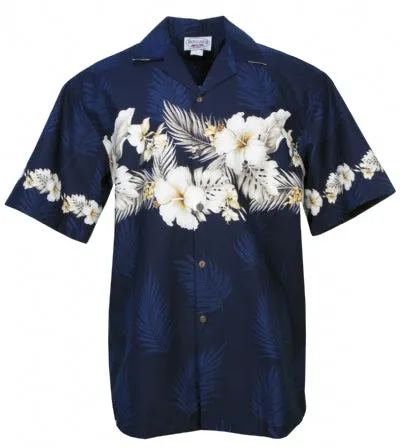 Big Hibiscus Palm Mens Shirt in Navy