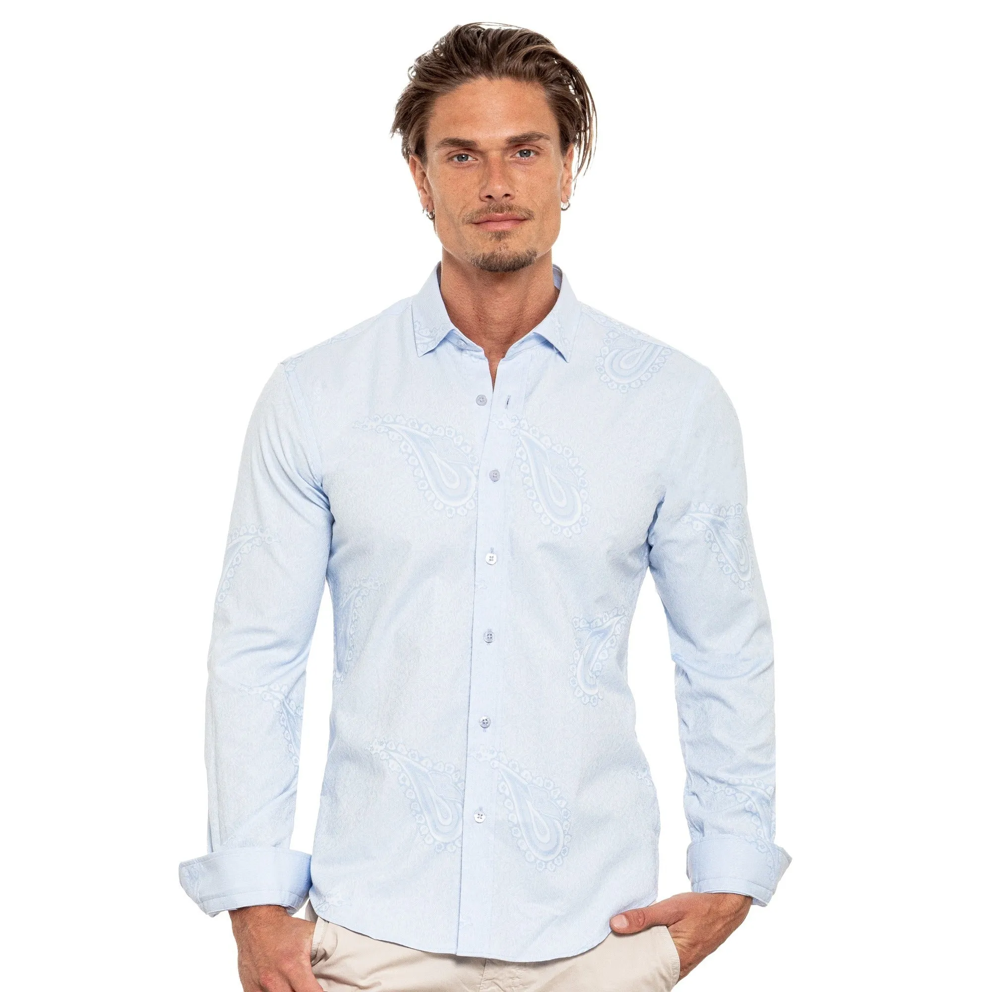 Big Paisley Jacquard Button Down Shirt - Light Blue