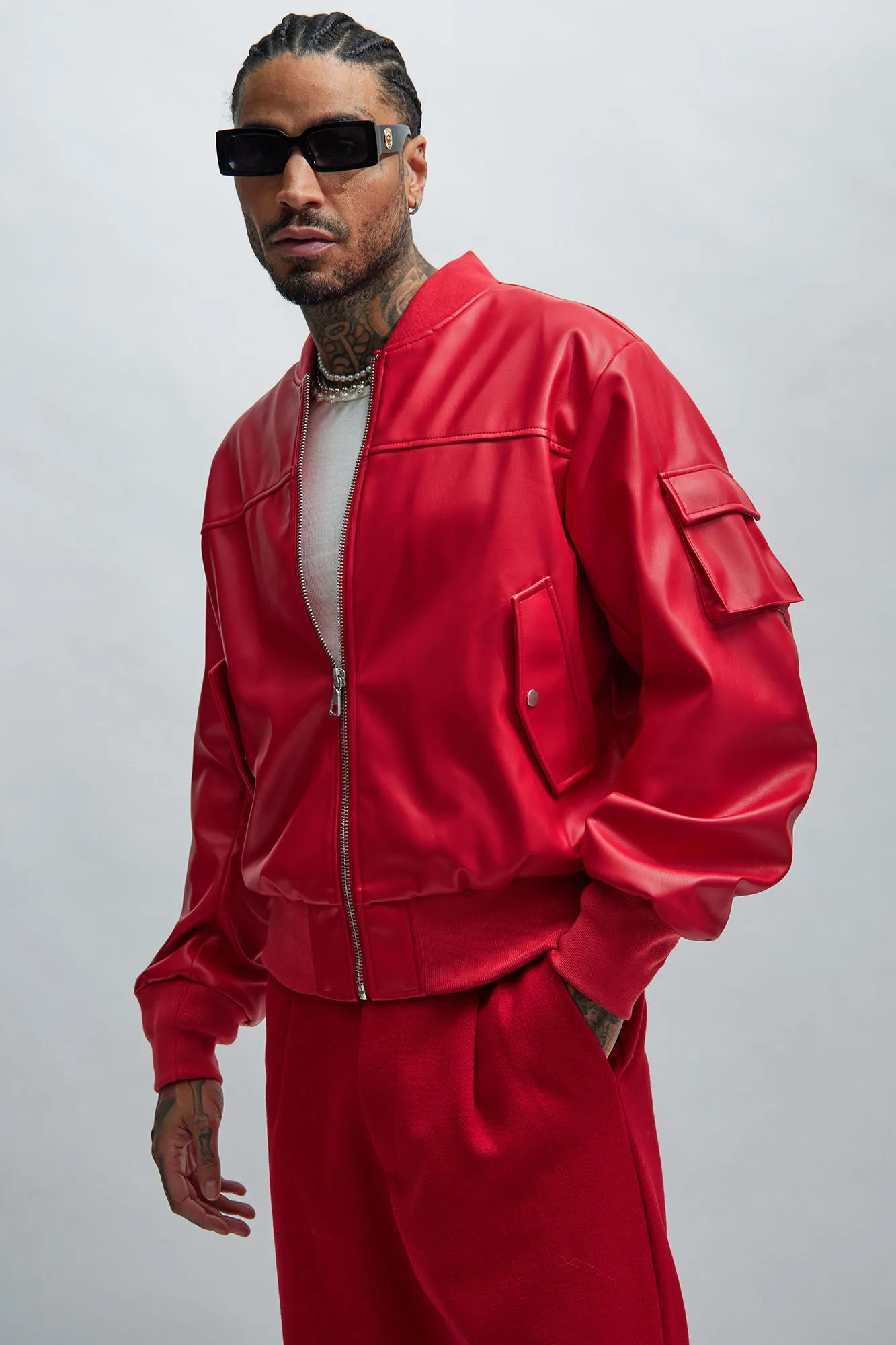 Birmingham Faux Leather Bomber Jacket - Red