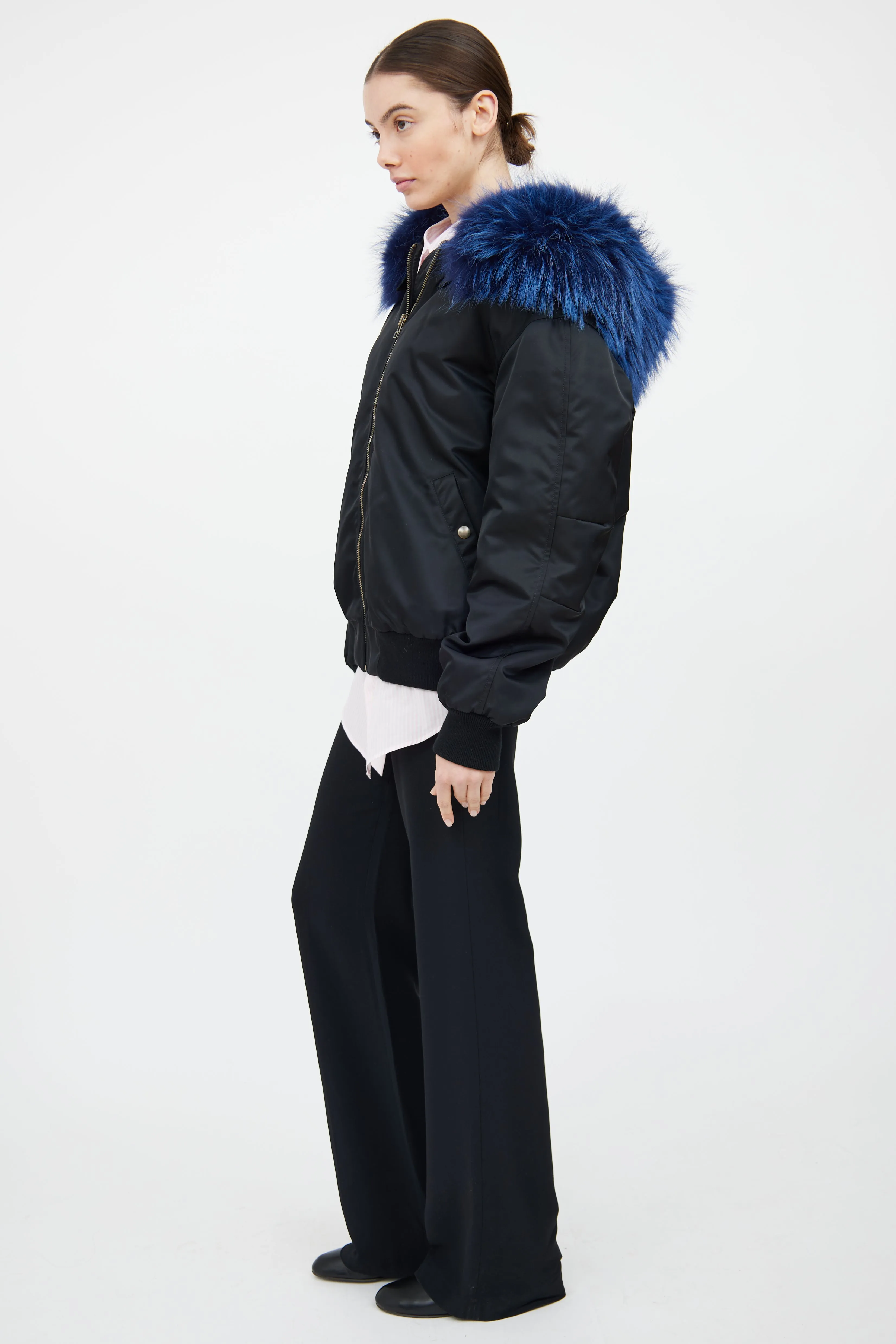 Black & Blue Fur Trim Bomber Jacket