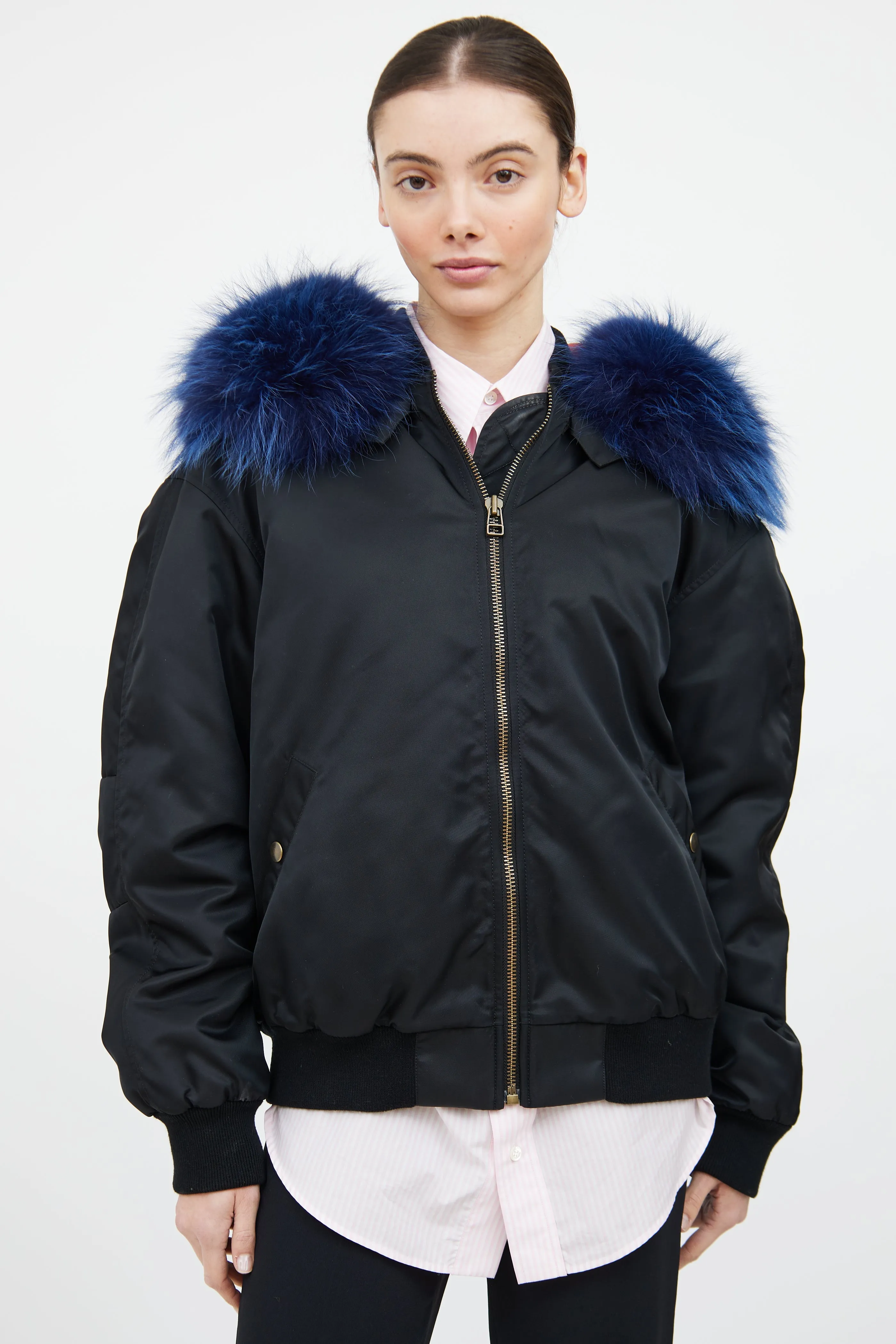 Black & Blue Fur Trim Bomber Jacket