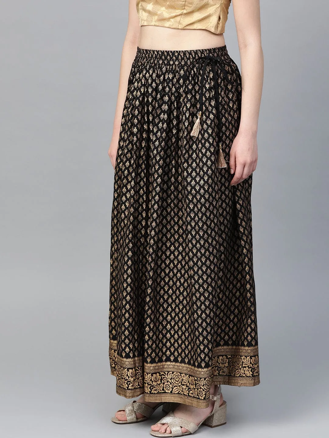 Black & Golden Printed Maxi Flared Skirt