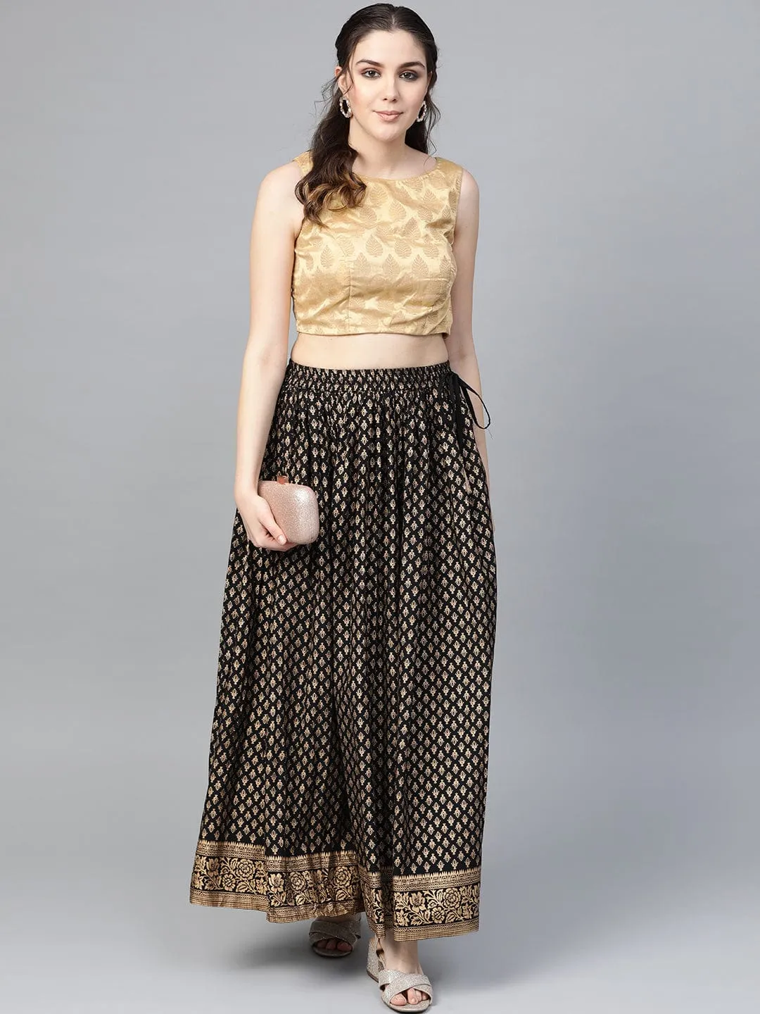 Black & Golden Printed Maxi Flared Skirt