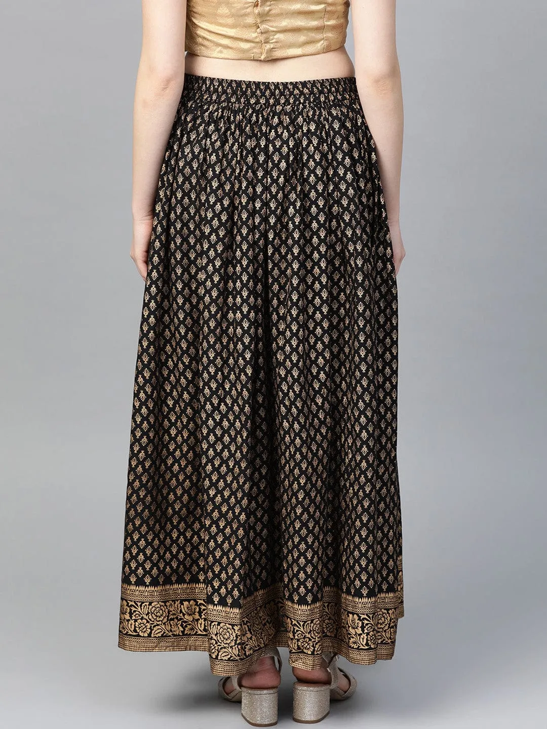 Black & Golden Printed Maxi Flared Skirt