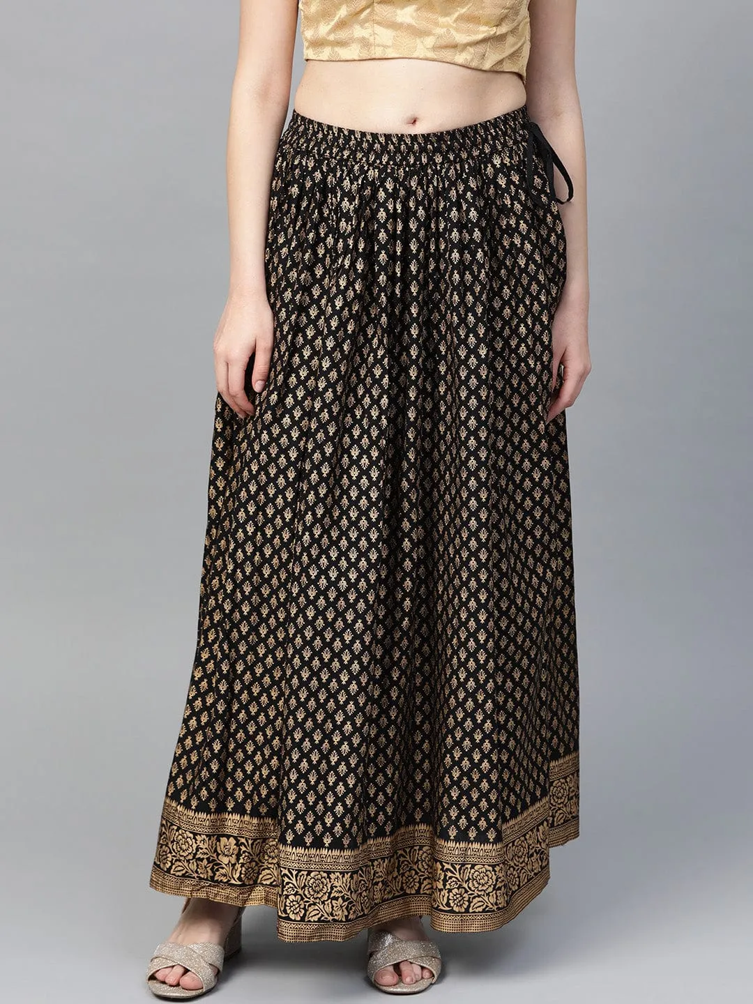 Black & Golden Printed Maxi Flared Skirt