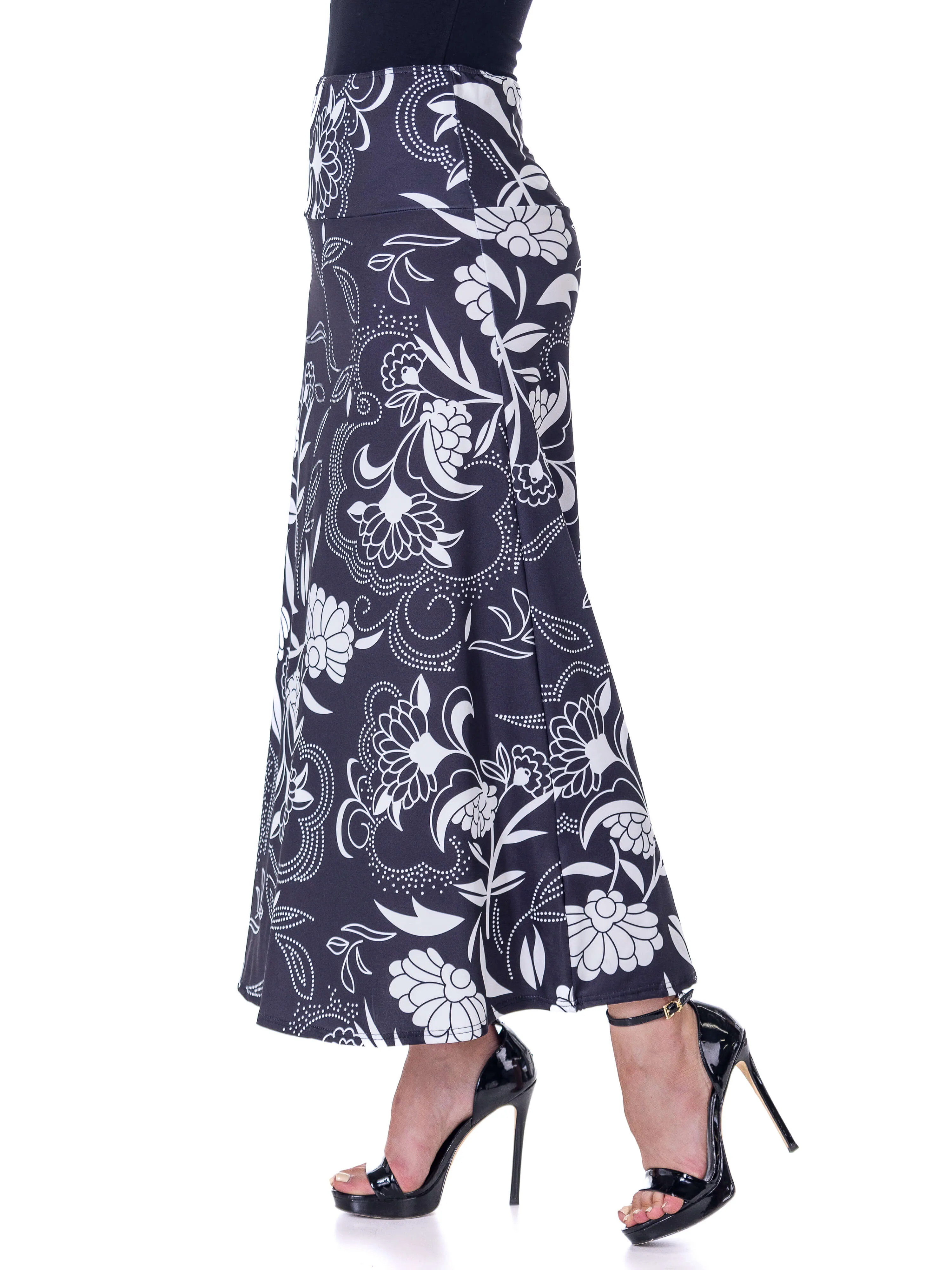 Black and White Floral Elastic Waist Ankle Length Comfortable Maxi Skirt