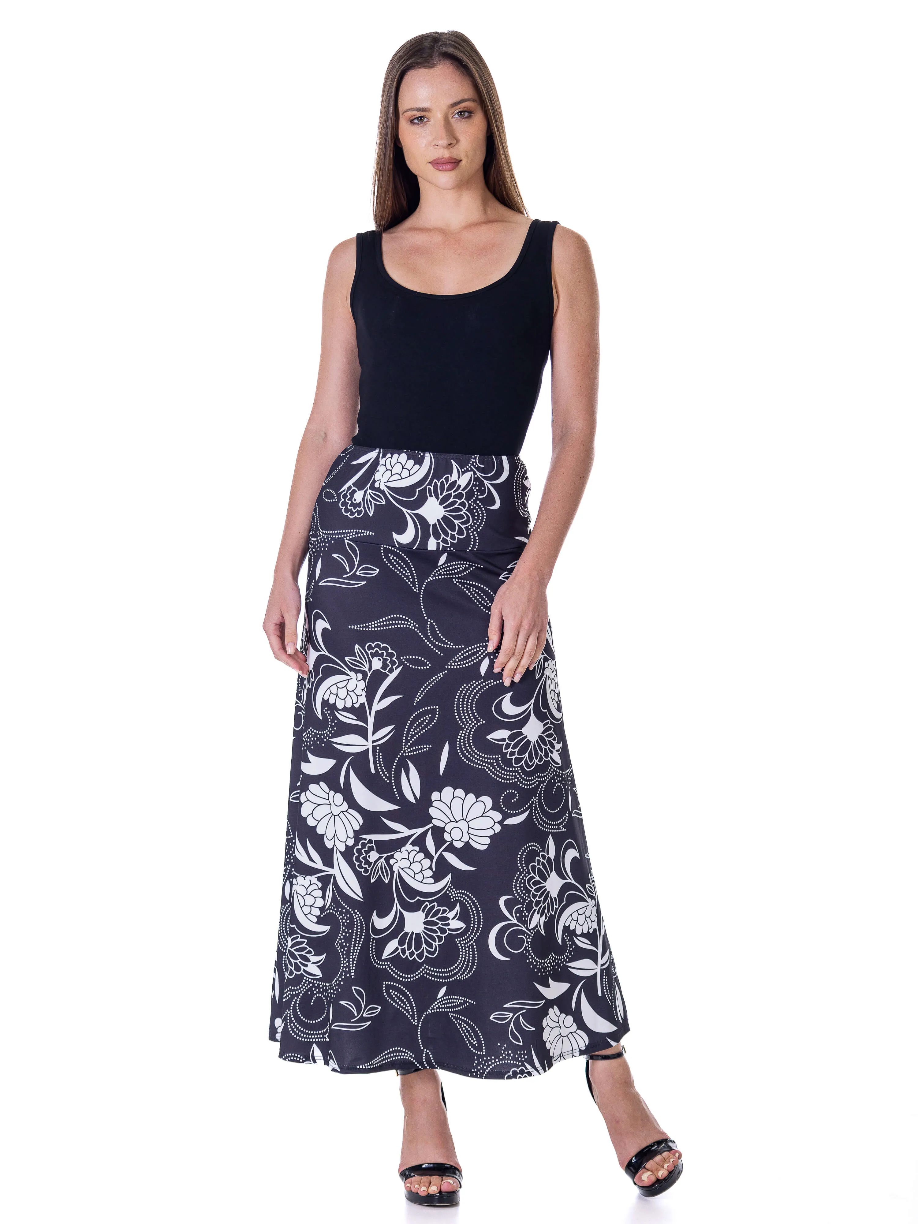 Black and White Floral Elastic Waist Ankle Length Comfortable Maxi Skirt