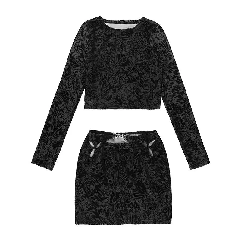 Black Flock Long Sleeve Crop Top & Cut Out Mini Skirt Set