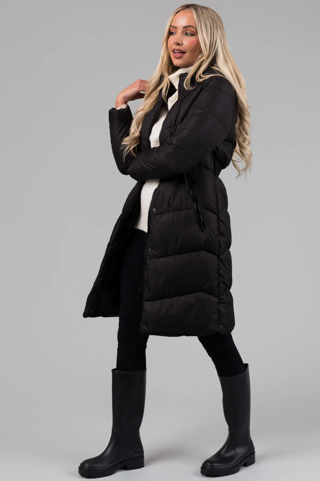 Black Knee Length Belt Hooded Puffer Coat