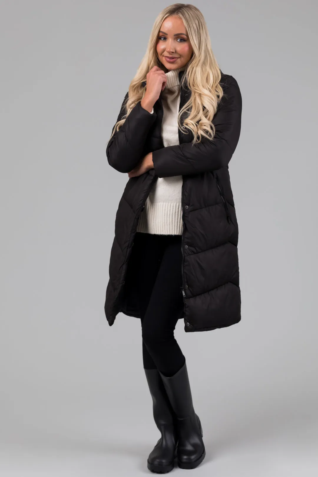 Black Knee Length Belt Hooded Puffer Coat