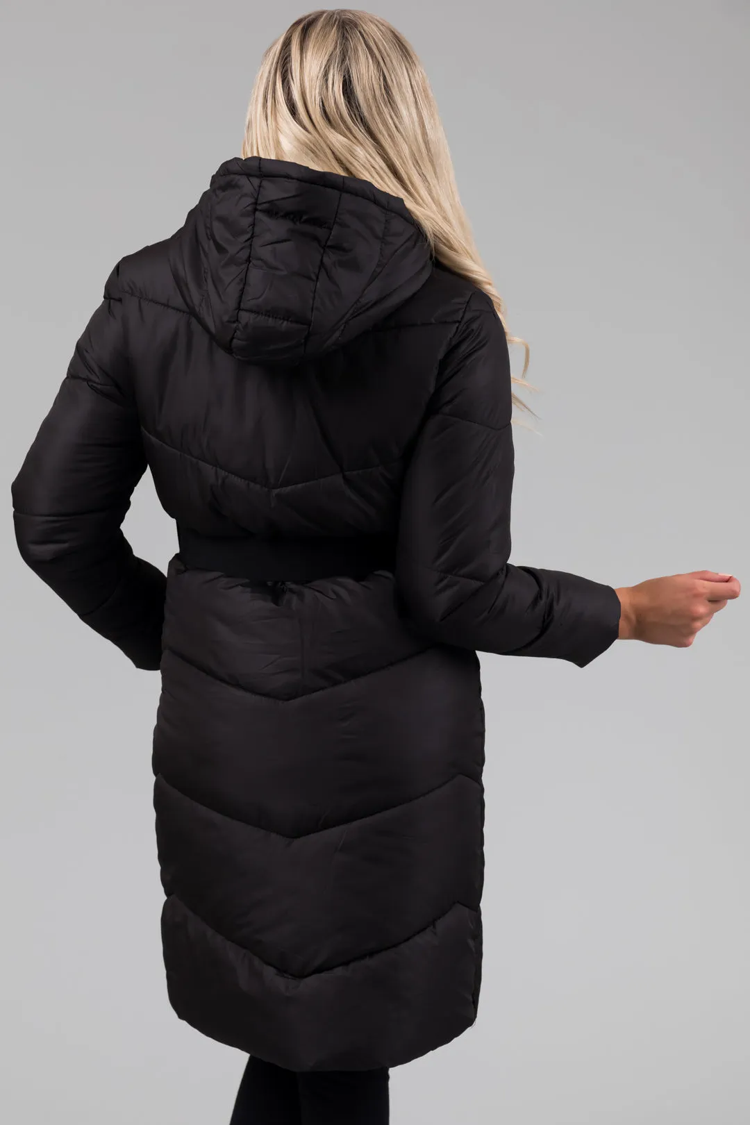 Black Knee Length Belt Hooded Puffer Coat