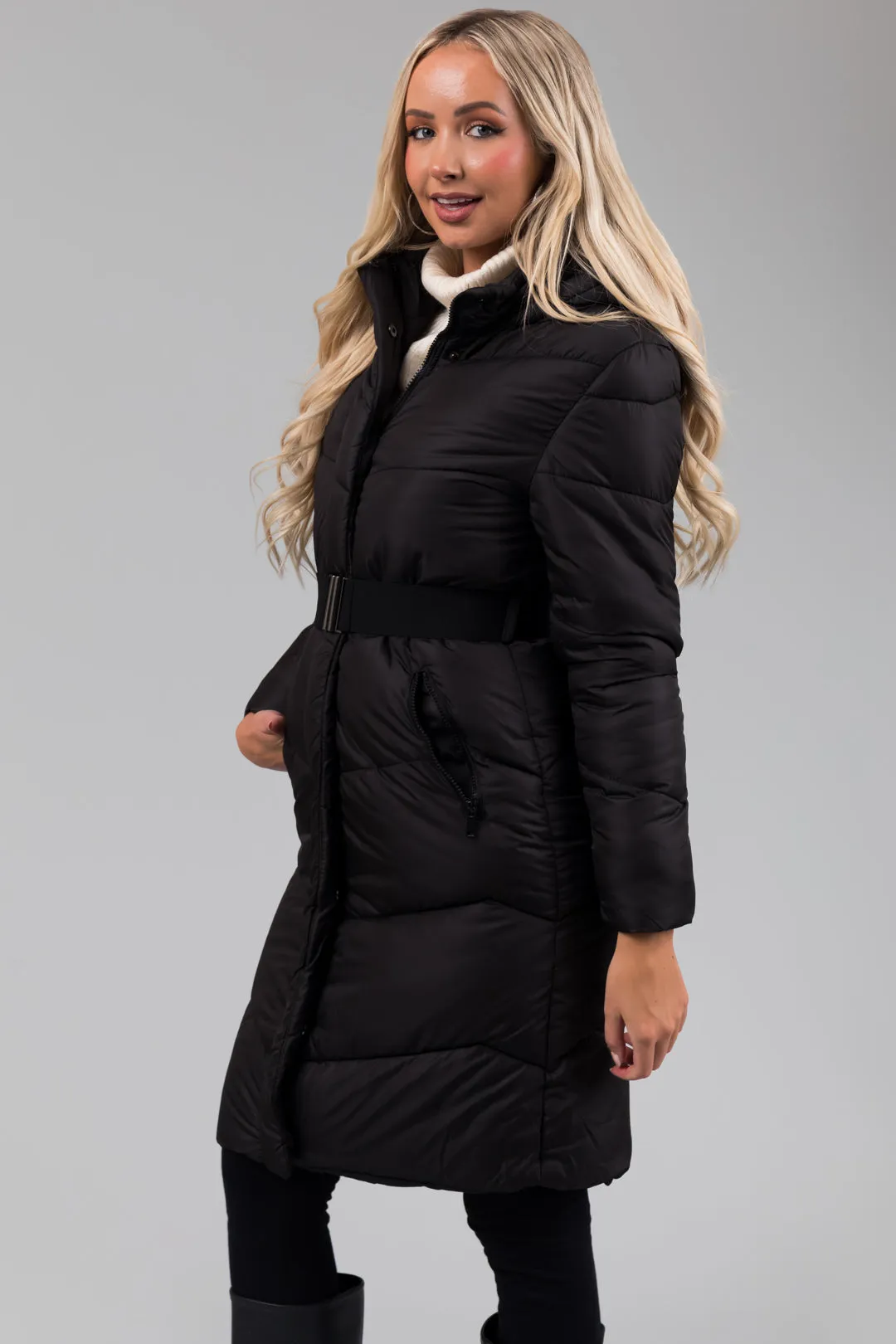 Black Knee Length Belt Hooded Puffer Coat