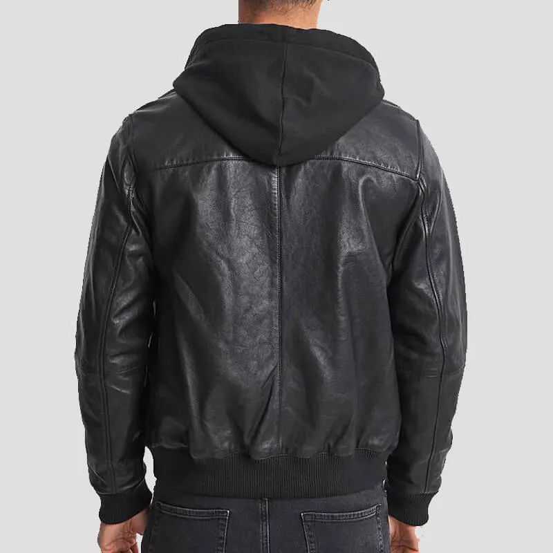 Black Leather Hooded Bomber Jacket for Men