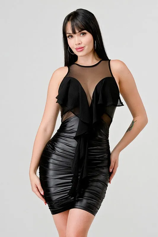 Black Sexy Sheer Draped Ruffled Coating Mini Dress